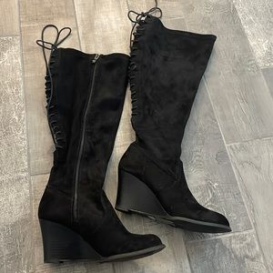 Torrid faux suede, wide calf, over the knee, wedge boots; 9 wide